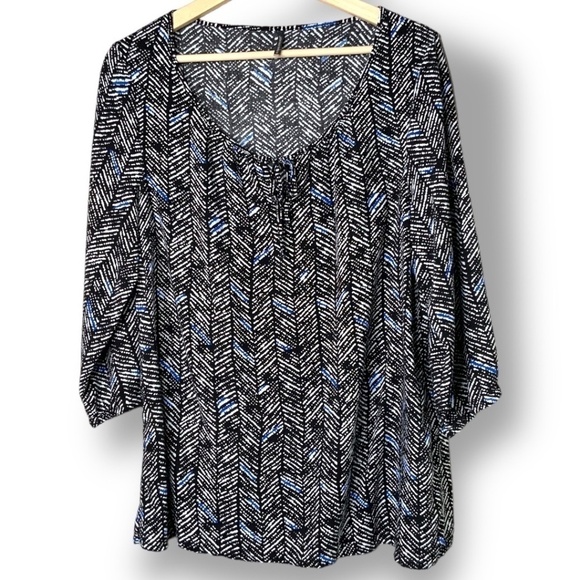 SOYA CONCEPT 100% Viscose Geometric Black/Cobalt Print Boho Blouse 3/4 Sleeve - Picture 1 of 10
